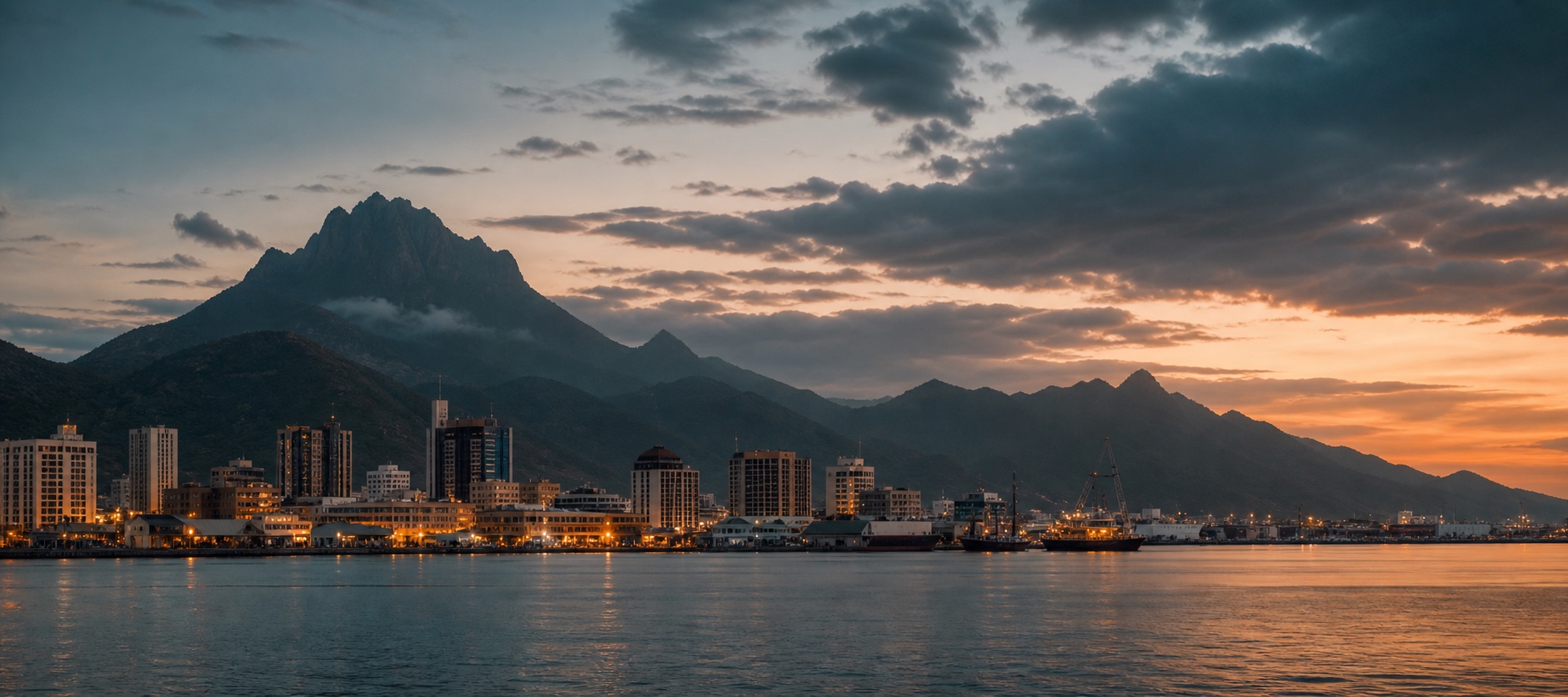 A harbour city beneath mountains at dusk