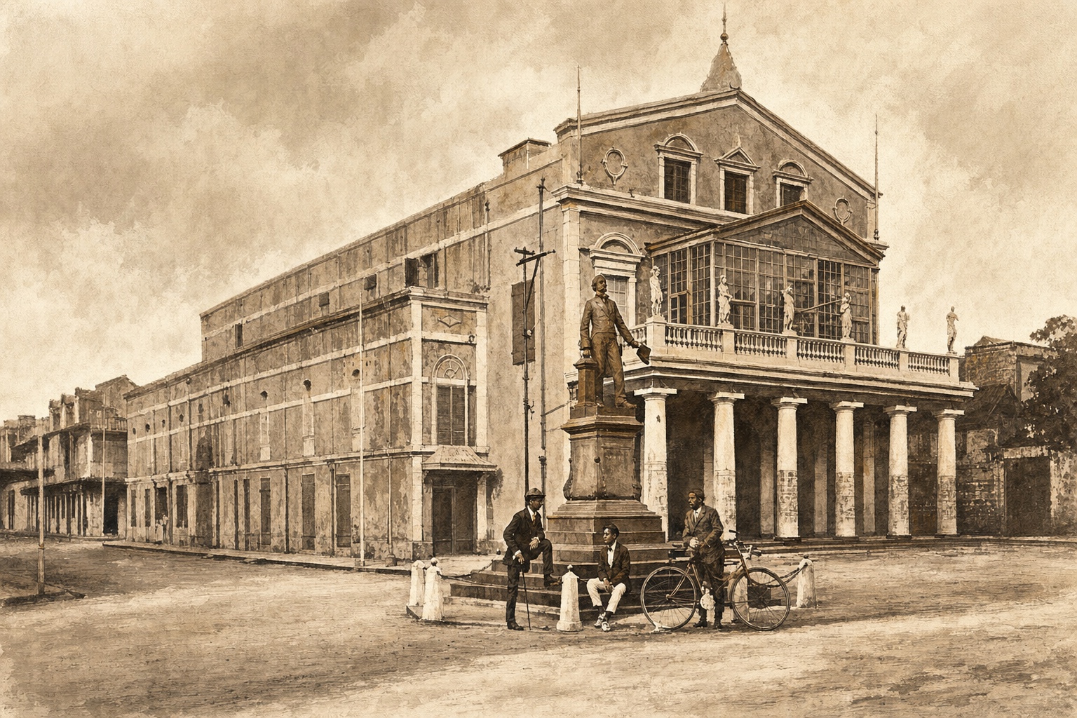 Painted rendering of the Théâtre de Port-Louis and the Pope Hennessy statue, after a c.1910 postcard